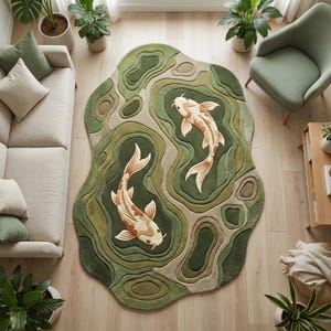 May include: A green and beige area rug with a koi fish design. The rug features a layered, topographic pattern in shades of green and beige, with two koi fish in shades of brown and white.