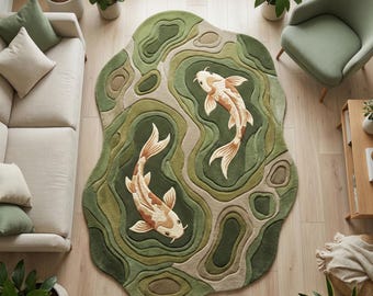 Koi Fish Hand Tufted Wool Rug Organic Shape Living Room Statement Decor Gift
