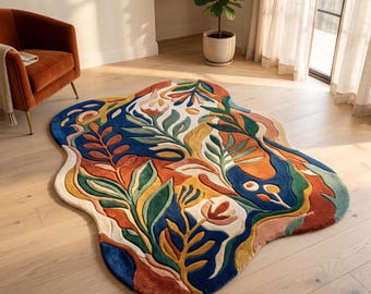 Puede incluir: Una alfombra de forma irregular con un patrón botánico vibrante y multicolor. El diseño incluye hojas estilizadas y motivos florales en tonos azul profundo, naranja quemado, amarillo mostaza, verde bosque y crema sobre una superficie texturizada.