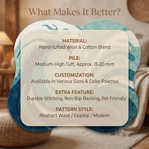May include: An abstract wave-patterned rug in shades of blue and white. The rug is made of a hand-tufted wool and cotton blend with a medium-high tuft, approximately 0.6 to 0.8 inches thick. The rug features durable stitching, non-slip backing, and is pet-friendly.