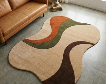 Alfombra irregular moderna de mediados de siglo, con formas orgánicas abstractas, de lana con mechones hechos a mano, estilo bohemio retro escultural para sala de estar.
