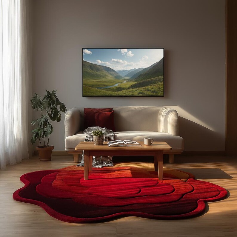 Red rose-shaped rug on light wooden floor with soft natural light.