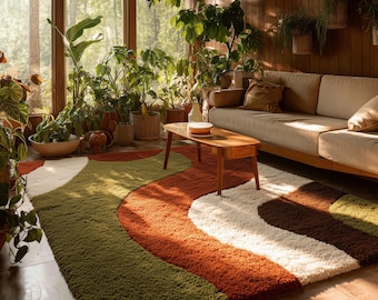 Mid Century Modern Shag Rug, Retro Geometric Area Carpet for Living Room | Mustard Yellow 70s Abstract Shaggy Tufted Floor Mat