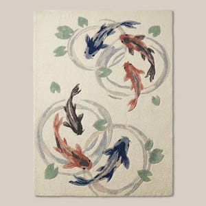 Modern koi fish area rug handmade from wool, nature inspired living room statement rug