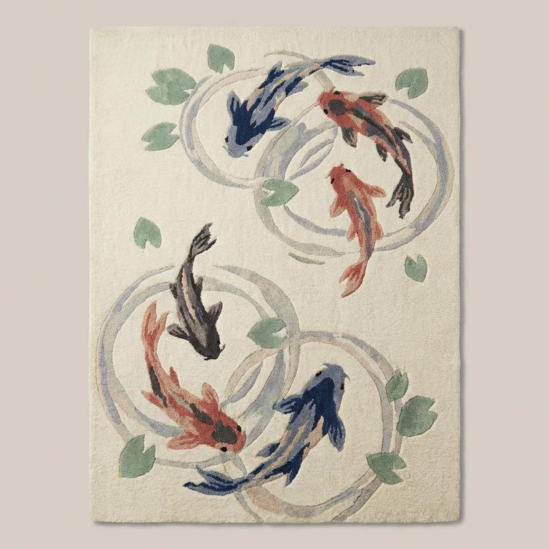 Modern koi fish area rug handmade from wool, nature inspired living room statement rug