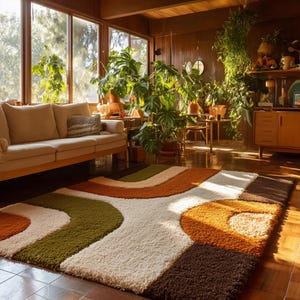 May include: A retro-style rug with a wavy pattern in shades of brown, orange, green, and white. The rug is rectangular and has a shaggy texture. The room features a wooden sofa, wooden furniture, and large windows with plants.
