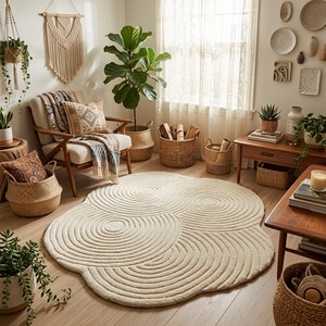Minimalist abstract wool rug in asymmetrical shape with layered ripple pattern designed for modern living room décor
