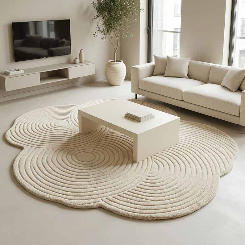 Contemporary handmade tufted rug with carved wave texture and neutral cream tones for Scandinavian and Japandi interiors