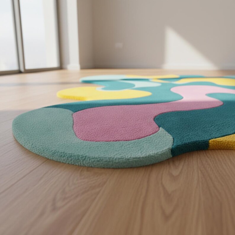 Close-up of soft hand-tufted colorful rug showing abstract layering and smooth contour shapes.