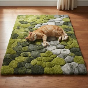 May include: A rectangular rug with a pebble design in shades of green and gray. An orange tabby cat is lying on the rug. The rug is on a hardwood floor.