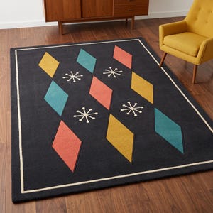 Mid Century Modern Atomic Starburst Rug, Charcoal Wool Harlequin Diamond Hand Tufted 1950s Decor