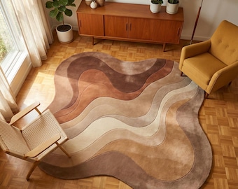 Hand Tufted Wool Area Rug – Neutral Wavy Abstract, Mid Century Modern