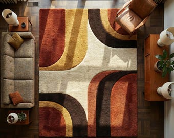 Mid Century Modern Rug, Retro Abstract Geometric Area Rug for Living Room