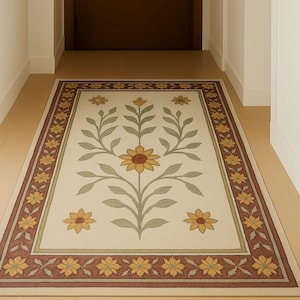 Traditional Floral 5x8 8x10 Area Rug with Yellow Flowers – Vintage Carpet with Cream, Green & Rust Living Room or Bedroom Decor