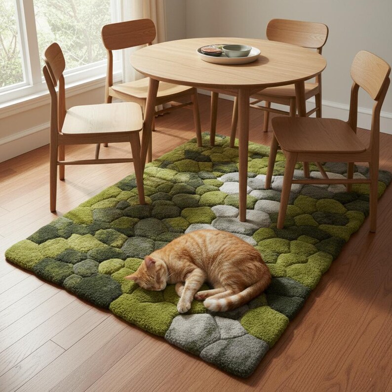 May include: A round wooden dining table with four matching chairs. A green and gray patterned rug is beneath the table and chairs. An orange tabby cat is sleeping on the rug.