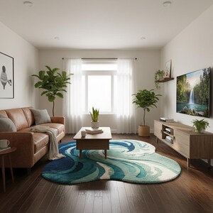 May include: A living room with a brown leather sofa, a wooden coffee table, and a large area rug with a blue and white wave design. A large TV is mounted on the wall, and plants add greenery to the space.