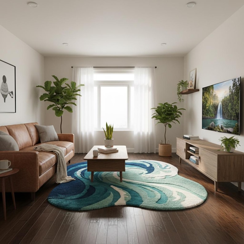 May include: A living room with a brown leather sofa, a wooden coffee table, and a large area rug with a blue and white wave design. A large TV is mounted on the wall, and plants add greenery to the space.