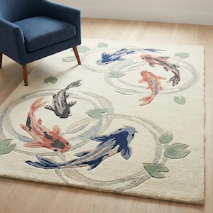 Hand tufted wool koi fish rug in nursery room, plush handmade pond design area rug, soft aesthetic decor