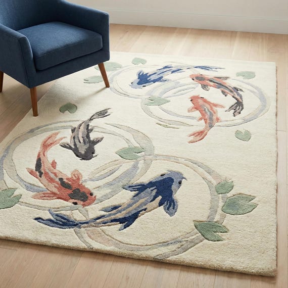 Hand Tufted Wool Koi Fish Rug Nursery Living Room Area Decor