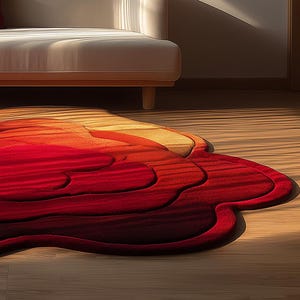 Op de afbeelding: Een levendig, abstract tapijt in tinten rood, oranje en geel. Het tapijt heeft een unieke, vloeiende vorm met gelaagde texturen, wat een warm gevoel cre&euml;ert. Het tapijt ligt op een houten vloer, met een beige bank op de achtergrond.