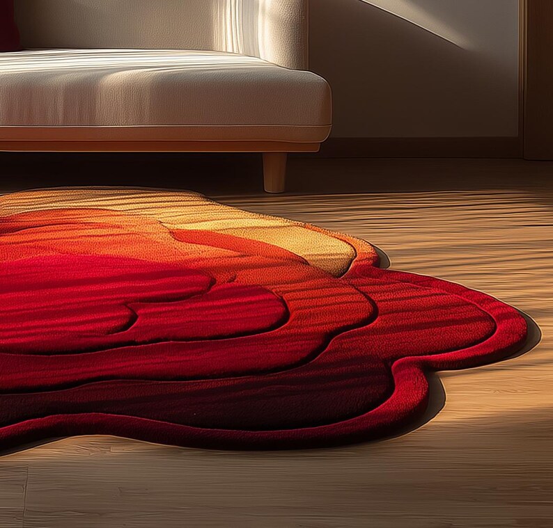 Op de afbeelding: Een levendig, abstract tapijt in tinten rood, oranje en geel. Het tapijt heeft een unieke, vloeiende vorm met gelaagde texturen, wat een warm gevoel cre&euml;ert. Het tapijt ligt op een houten vloer, met een beige bank op de achtergrond.