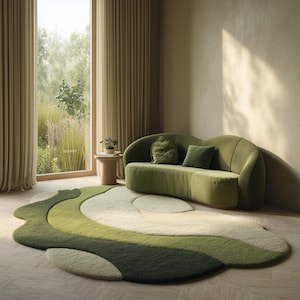 May include: A contemporary living room with a green sofa, two cushions, a small side table, and a large, abstract rug. The rug features a wavy design in shades of green and white. Large windows with beige curtains let in natural light.