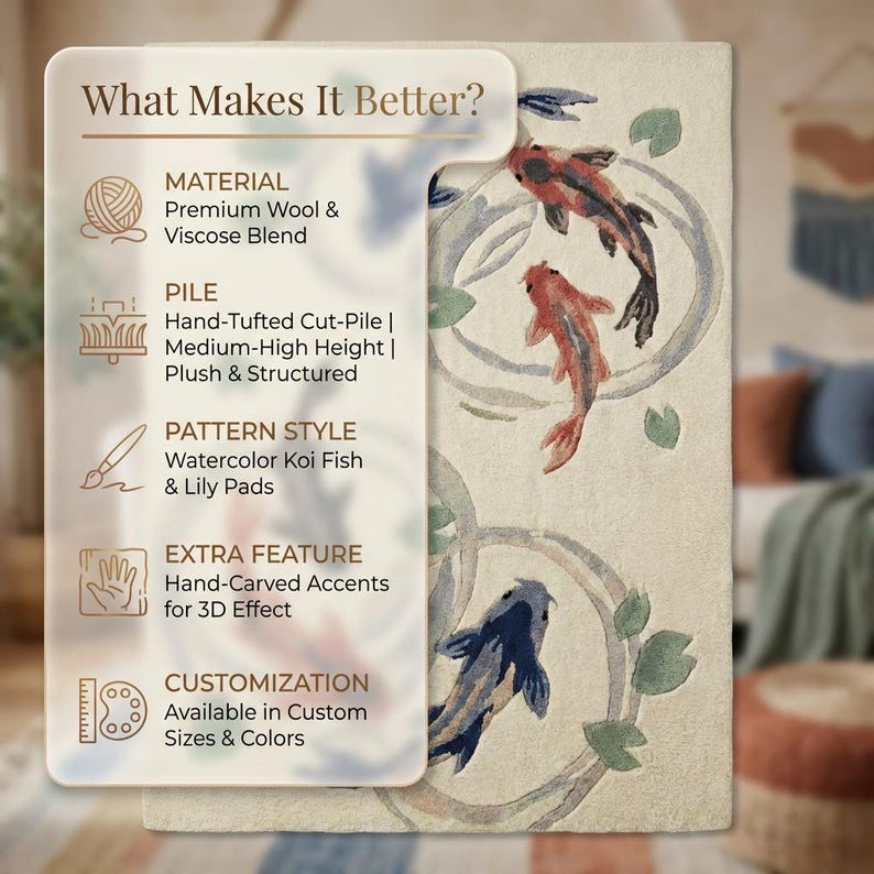 May include: A rectangular rug with a watercolor design of koi fish and lily pads. The rug is made of premium wool and viscose blend with hand-carved accents for a 3D effect. The text on the image says "What Makes It Better?"