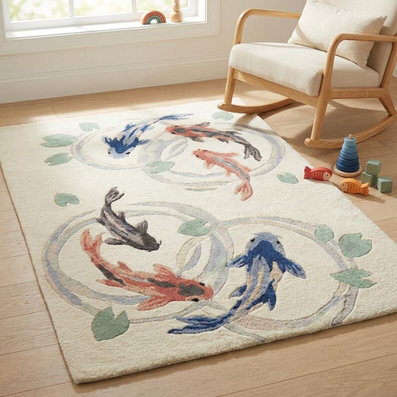 Handmade wool area rug with swimming koi fish, cream base modern aesthetic rug