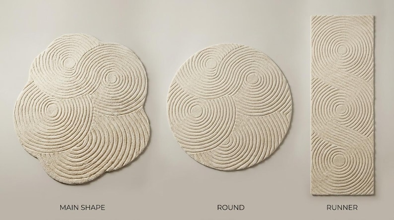 May include: Three off-white rugs featuring a textured, concentric circular pattern. The left rug has an irregular organic shape labeled MAIN SHAPE, the center rug is circular labeled ROUND, and the right rug is rectangular labeled RUNNER.