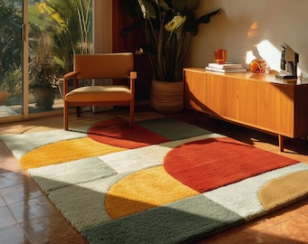 Alfombra de lana tejida a mano: estilo retro geométrico de mediados de siglo