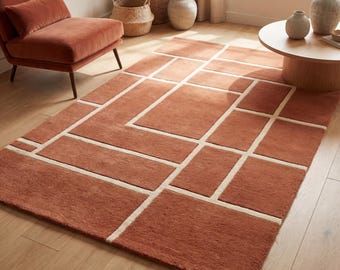 Terracotta Geometric Wool Rug Hand Tufted Modern Area Rug for Living Room Mid Century Minimalist Cut Pile Carpet Aesthetic Housewarming Gift