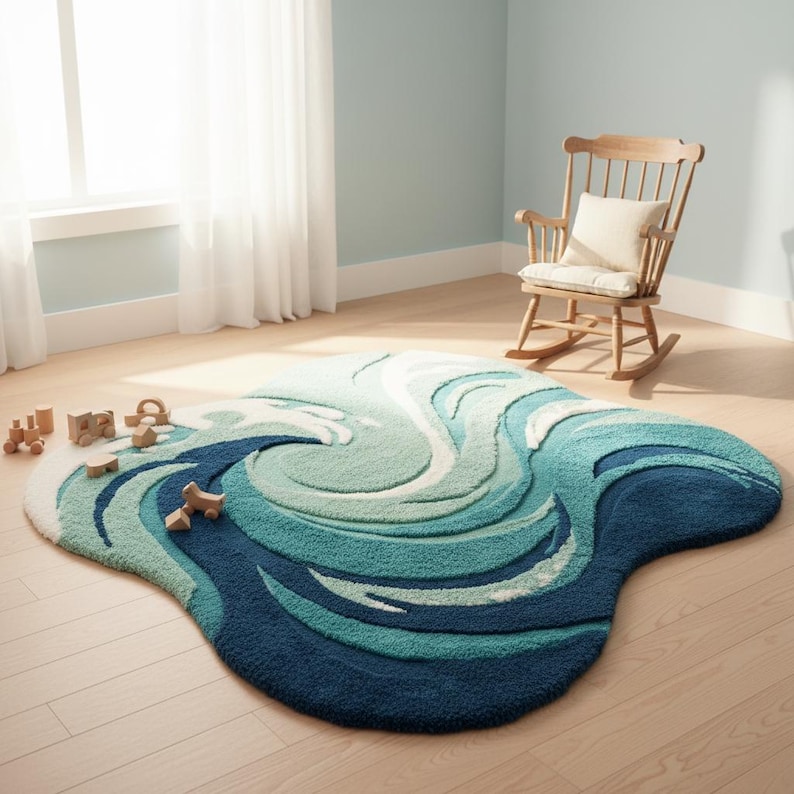 May include: A plush, wave-shaped rug in shades of blue and white. The rug has a soft, textured surface and a unique, organic shape. Wooden toy blocks are scattered nearby. A wooden rocking chair with a cream-colored cushion sits in the background.