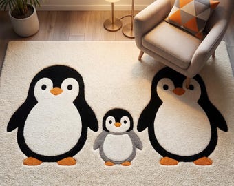 Penguin Nursery Rug Hand Tufted Wool Kids Room Rug, Cute Penguin Family Carpet, Baby Room Decor Gift