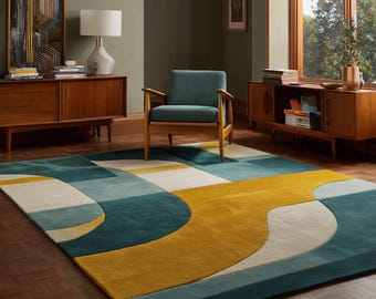 Hand-Tufted Wool Rug: Modern Abstract Geometric Teal & Mustard Carpet