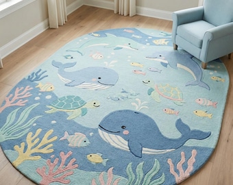 海の動物柄 ハンドタフテッドウール ベビーラグ ラウンド 子供用 プレイルーム 装飾 ギフト