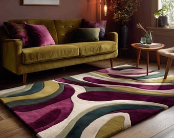 Hand Tufted Abstract Area Rug: Olive Green & Plum Retro Swirl