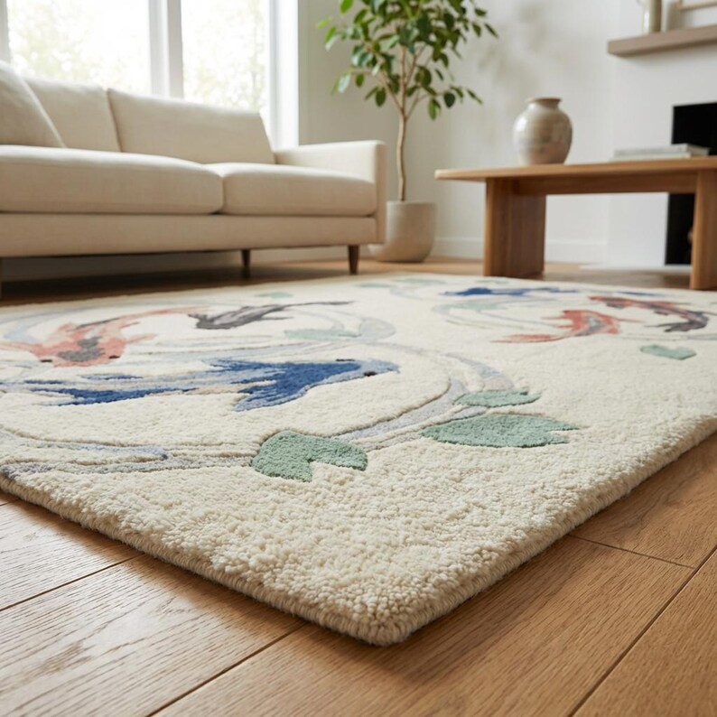 May include: Cream-colored area rug with a koi fish design. The rug features a repeating pattern of koi fish in shades of blue, pink, and gray, with green leaf accents. The rug is placed on a hardwood floor.