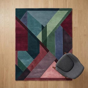 Geometric Art Deco Area Rug: Burgundy, Teal & Green Color Blocks