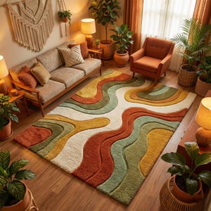 May include: A large, colorful area rug with a wavy, retro design. The rug features a cream-colored base with flowing patterns in shades of orange, yellow, and green. The rug is placed in a living room setting with a sofa, armchair, and plants.