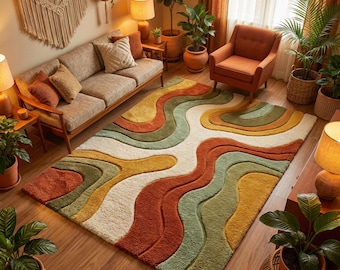 Retro Wavy Shag Area Rug, Mid Century Modern Boho Tufted Carpet Decor