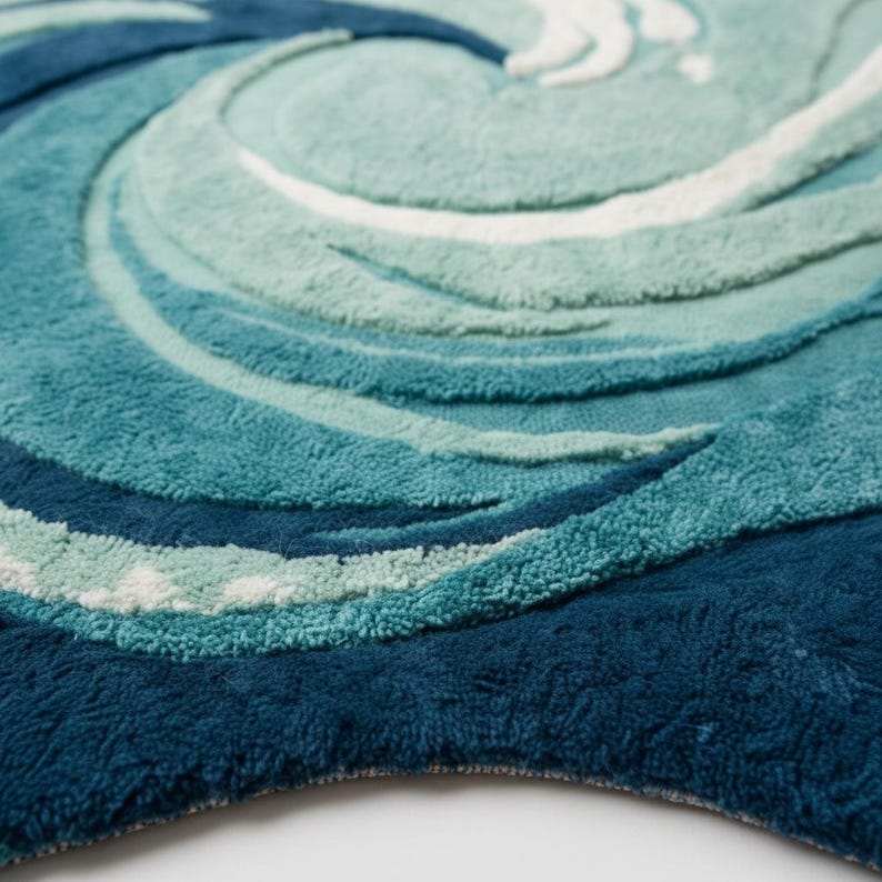 May include: A plush, round rug with a swirling wave design. The rug features shades of blue, teal, and white, creating a textured, ocean-inspired pattern. The rug's design evokes the movement of water.