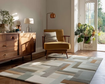 Alfombra geométrica de lana tejida a mano – Verde salvia, estilo moderno de mediados de siglo