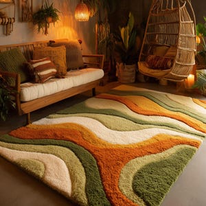Large Wavy Area Rug — Retro Boho Shag Tufted Rug, Mid-Century Modern Living Room Carpet, Orange Green Cream Abstract Accent