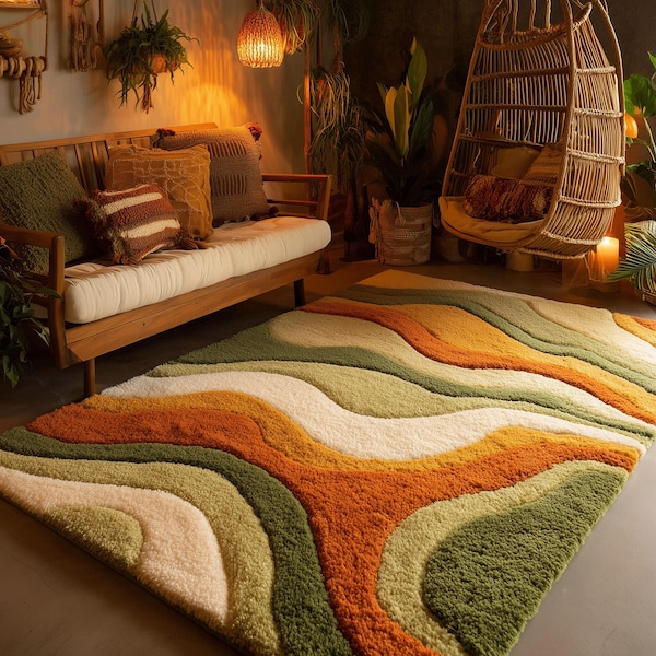 Large Wavy Area Rug — Retro Boho Shag Tufted Rug, Mid-Century Modern Living Room Carpet, Orange Green Cream Abstract Accent
