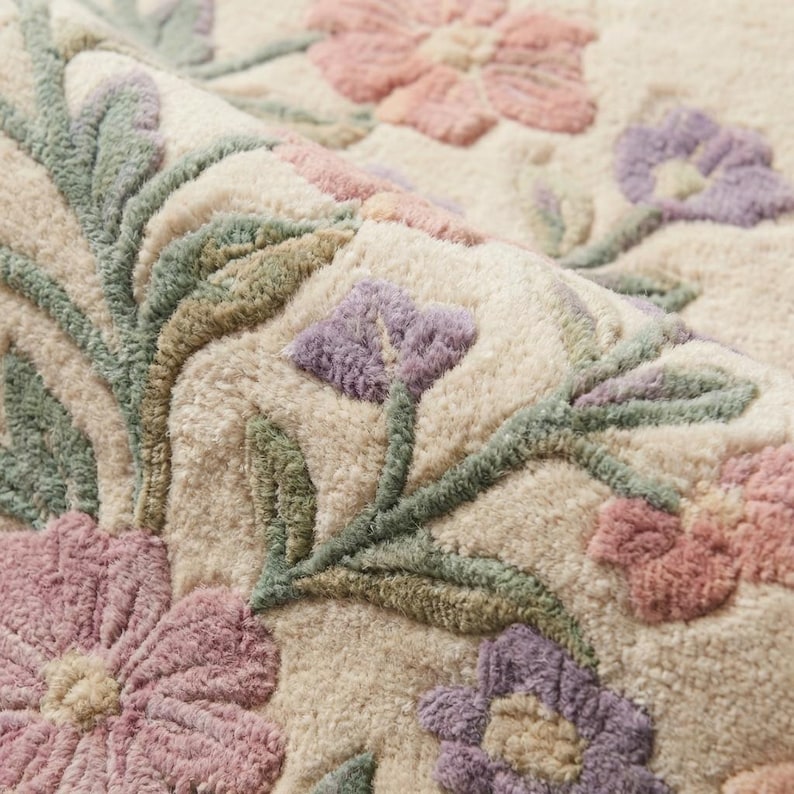 Pastel Floral Tufted Wool Area Rug Botanical Living Room Nursery Gift ...