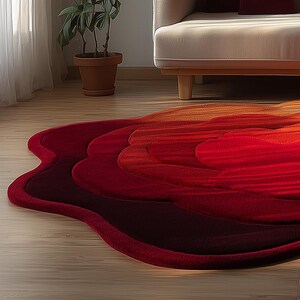 Op de afbeelding: Een levendig, abstract tapijt in tinten rood, oranje en bordeaux. Het tapijt heeft een unieke, vloeiende vorm met gelaagde texturen, waardoor een gradi&euml;nteffect ontstaat. Het ligt op een lichtgekleurde houten vloer en voegt warmte toe aan de kamer.