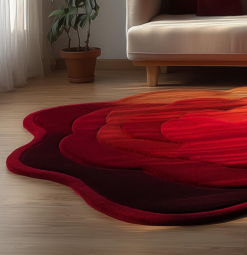 Op de afbeelding: Een levendig, abstract tapijt in tinten rood, oranje en bordeaux. Het tapijt heeft een unieke, vloeiende vorm met gelaagde texturen, waardoor een gradi&euml;nteffect ontstaat. Het ligt op een lichtgekleurde houten vloer en voegt warmte toe aan de kamer.