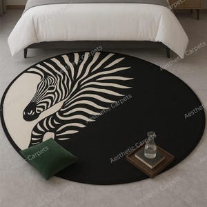 Black & White Zebra Round Rug – 5x5 Modern Abstract Hand Tufted Wool Rug Safari Animal Print Carpet for Living Room or Bedroom Decor