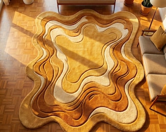 Melting Area Rug Irregular Shape Sculpted Wool Rug, Mid Century Modern Abstract Carpet, Organic Wavy High Pile Statement Rug