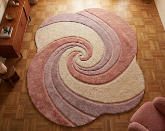 Tappeto in lana annodato a mano, design a vortice scultoreo, tappeto moderno astratto